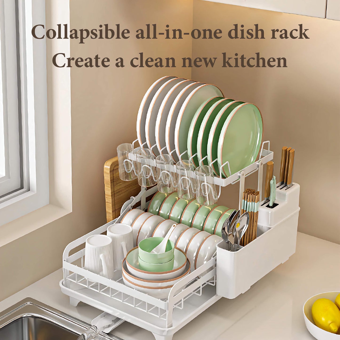 Collapsible All-In-One Kitchen Dish Rack with Multiple Compartments, Integrated Drainage, Easy Storage Dish Holder