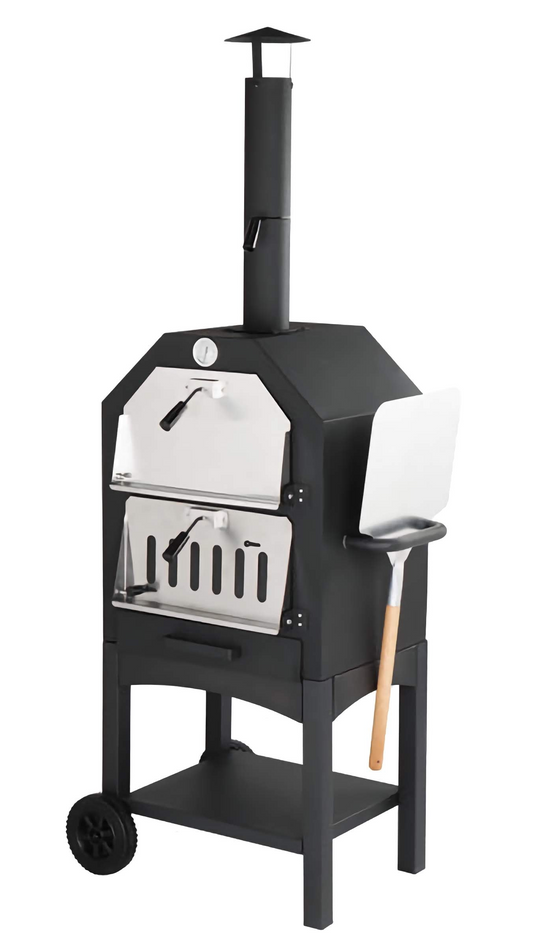 Freestanding Carbon Pizza Oven/Grill, Pizza Maker with Chimney, Wheels, and Pizza Shovel