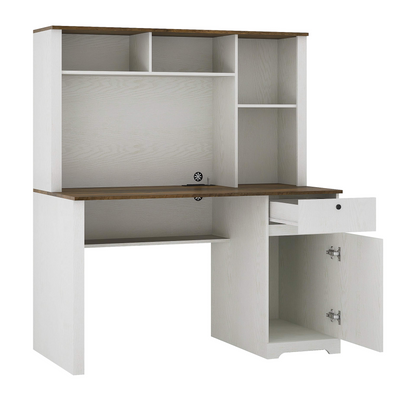 Hutch Home and Office Desk, Organized Workspace with Bookshelf, Drawers and Built-In Power Outlet