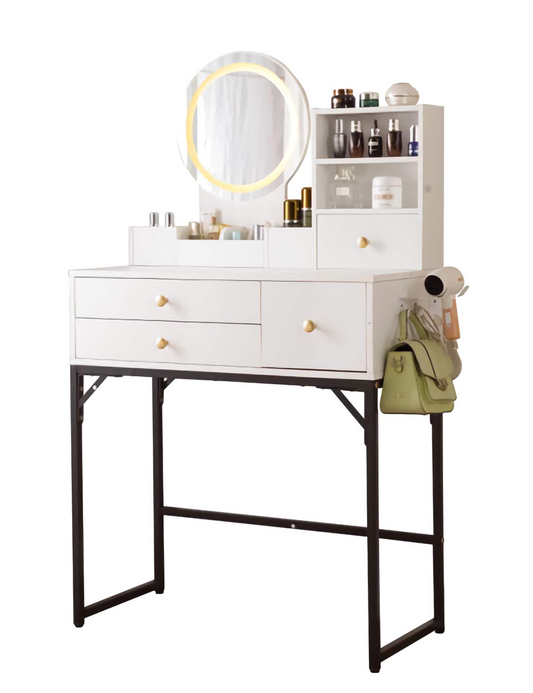 Powered Makeup Vanity Fashion Desk, Modern Vanity with Mirror, Drawers, Cabinet, and Power Outlet
