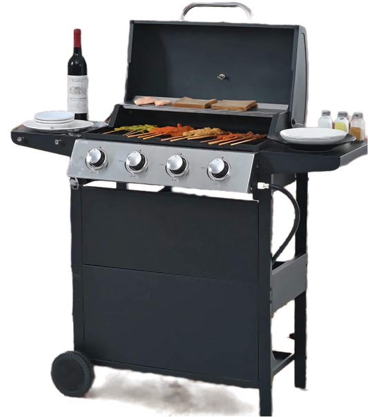 4-Burner Propane Barbecue Grill, Stainless-Steel with Two Shelves, Lid, Wheels, and Bottle Opener
