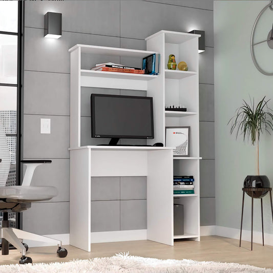 Hutch Home and Office Desk, Compact Desk with Side Bookcase for Organized Small Spaces
