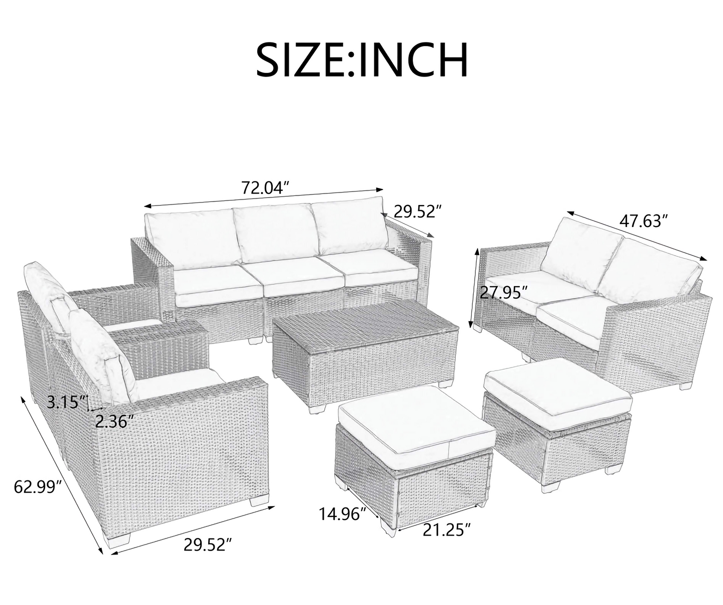10-Piece Patio Sofa Set, Comfortable Outdoor Garden Furniture with Waterproof Cloth and Durable PE Rattan Base